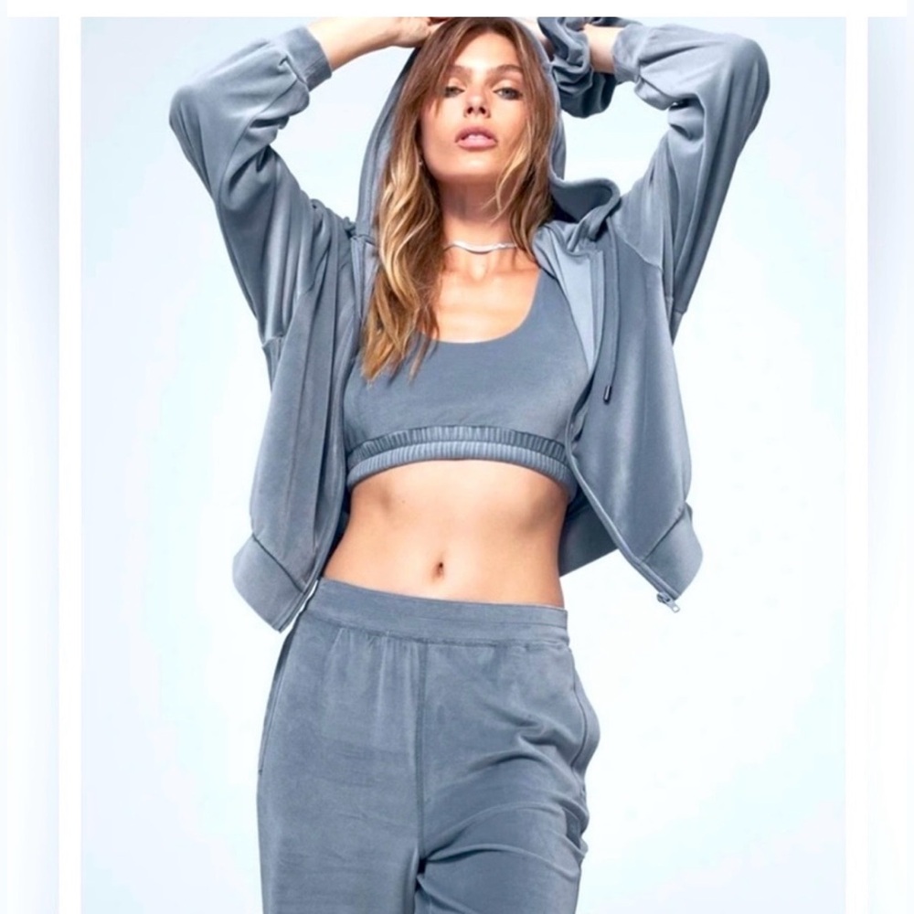 BRAND NEW- ALO Velour Glimmer Zip Up sweater in Steel Blue